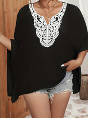 Casual Blouse Women's Plus Contrast Lace Trim Batwing Sleeve V Neck
