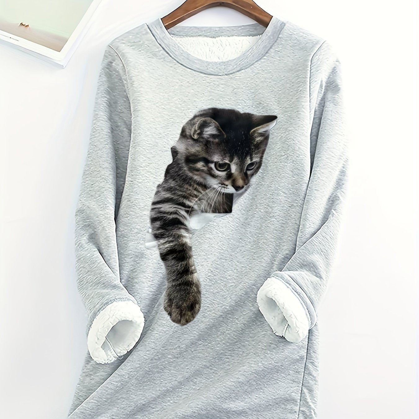 Cat Print Fleece Pullover Sweatshirt for Women