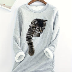 Cat Print Fleece Pullover Sweatshirt for Women