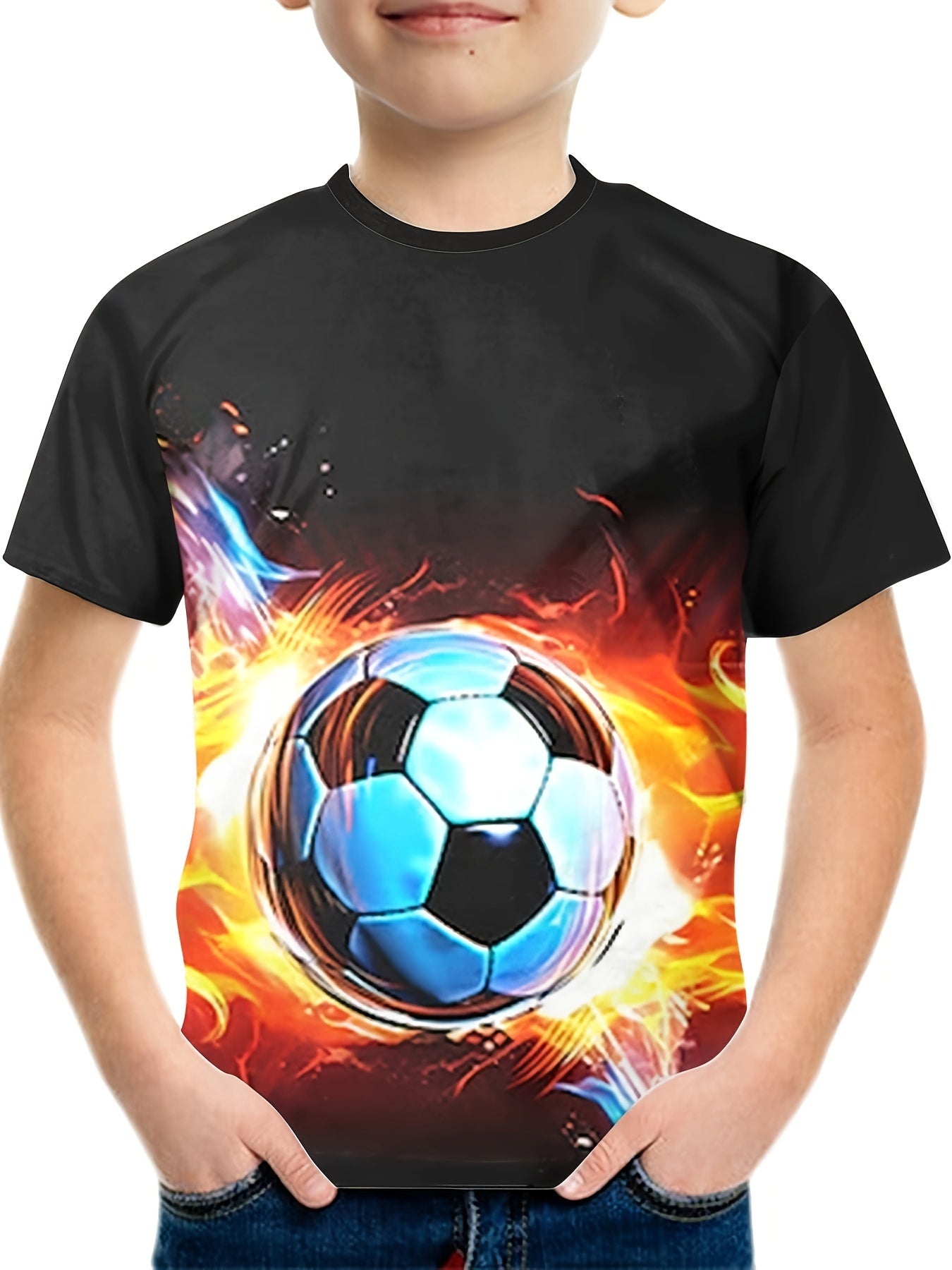 Football In Flame 3D Print Boy's T shirt Kids Casual Short Sleeve Summer Top