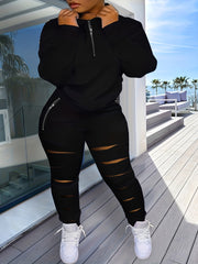 Two Piece Set: Long Sleeve Half Zipper Sweatshirt & Ripped Pants