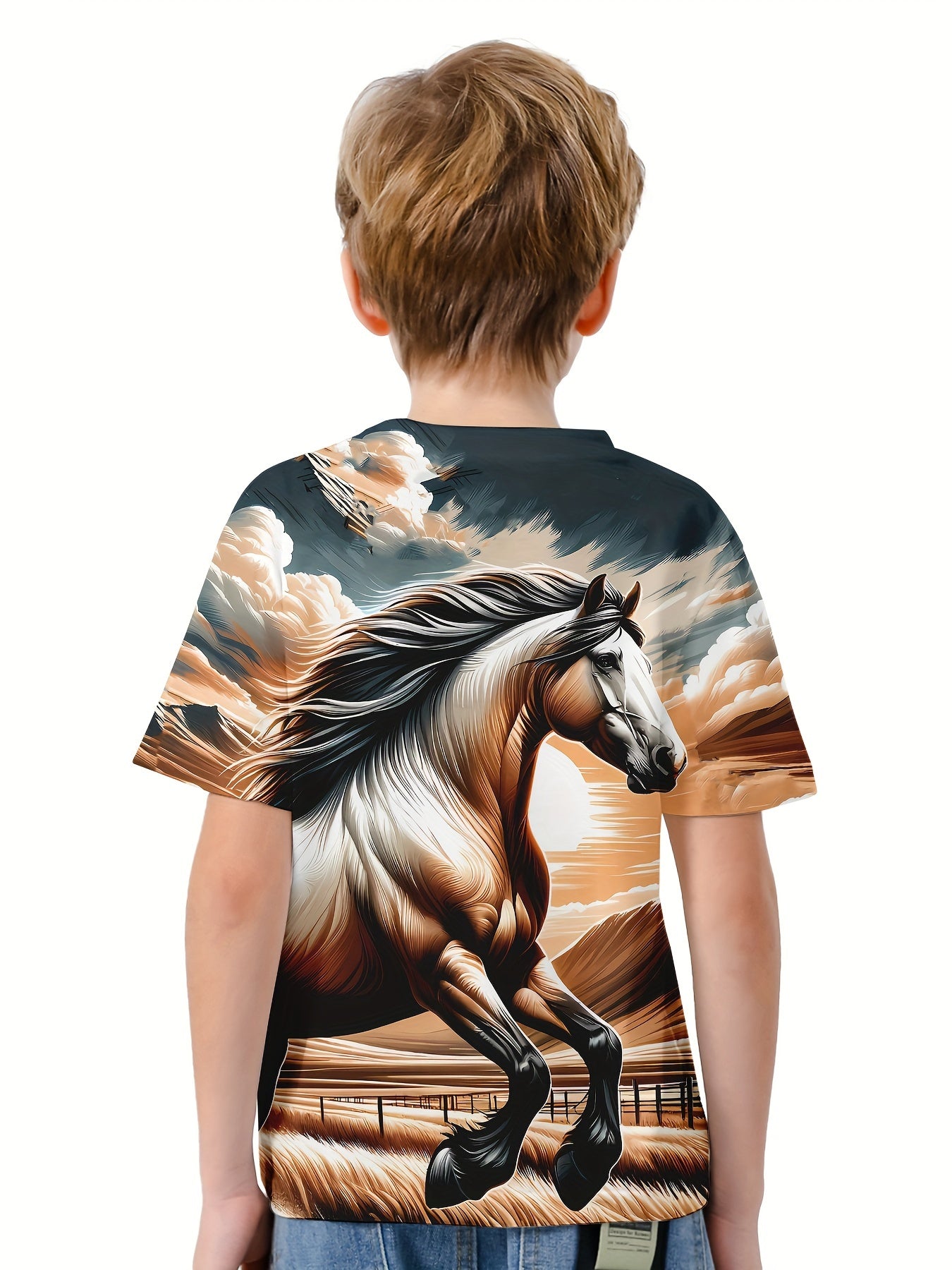 Running Horse 3D Print Boy's Casual Tees Short Sleeve Crew Neck
