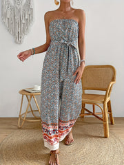 Boho Wide Leg Jumpsuit Sleeveless Tie Waist Tube Jumpsuit