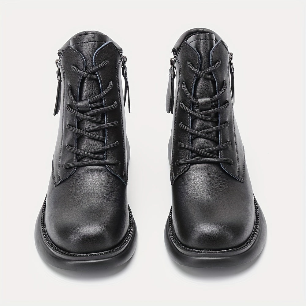 Women's Chunky Heel Lace Up Boots Double Zipper Stylish