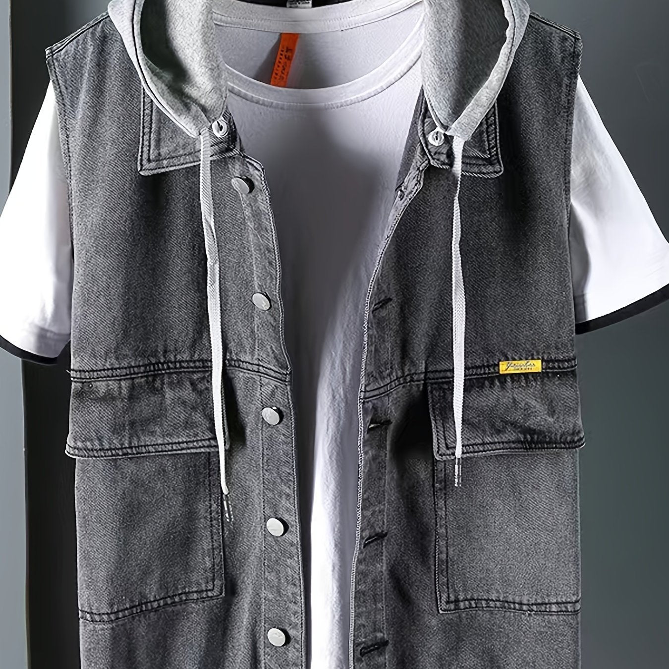 Men's Dark Grey Denim Vest With Hood