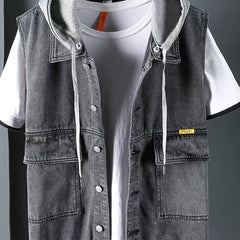 Men's Dark Grey Denim Vest With Hood