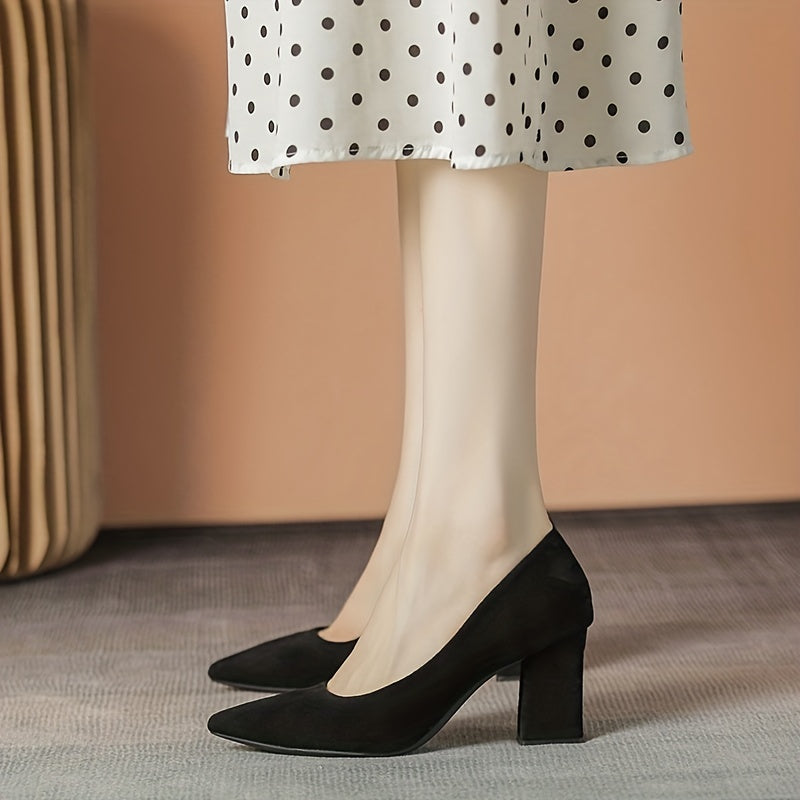 Suede Block Heels Pointed Toe Pumps