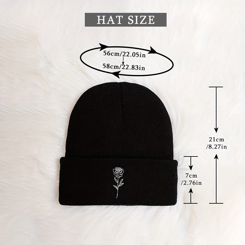 Mature Rose Vintage Embroidered Knit Hat With Rose Print