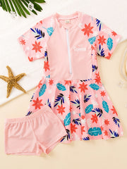 Girls Leaf Print Dress & Shorts Swimsuit Set