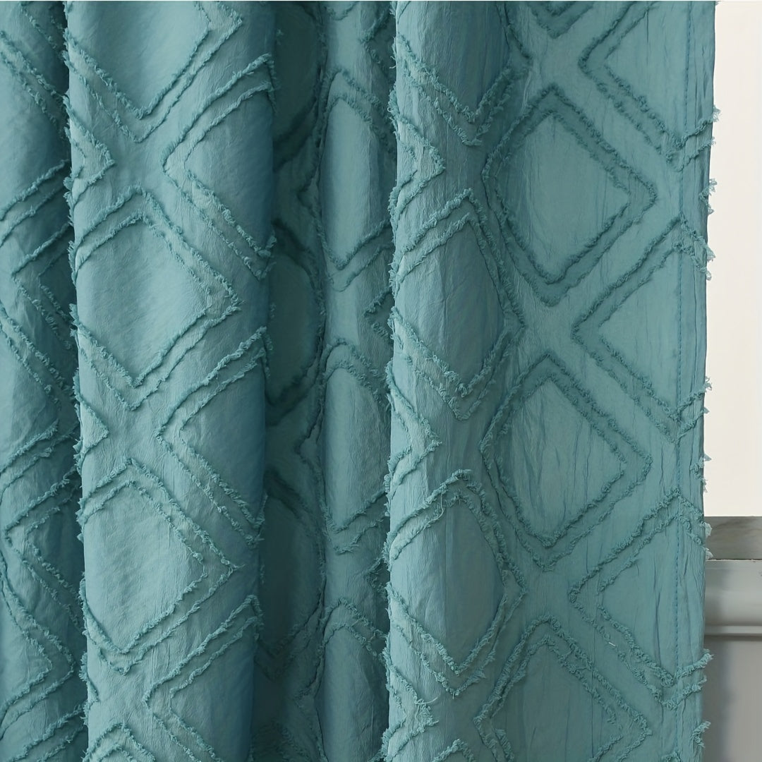 Boho Plaid Jacquard Tufted Rod Pocket Curtains Teal