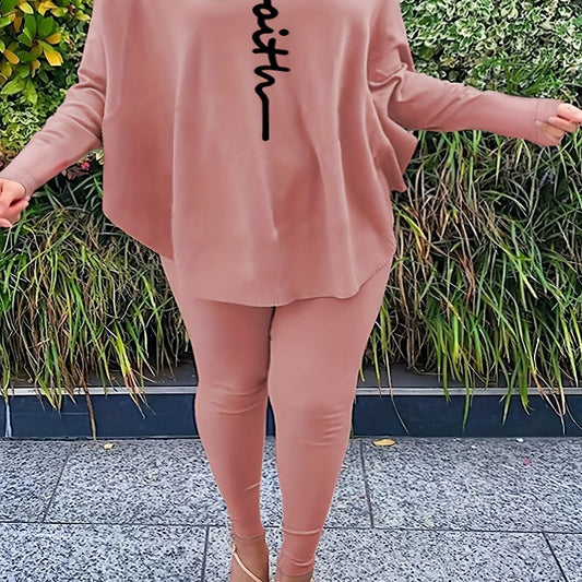 Women's Plus Letter Print Bat Sleeve Top & Leggings Set
