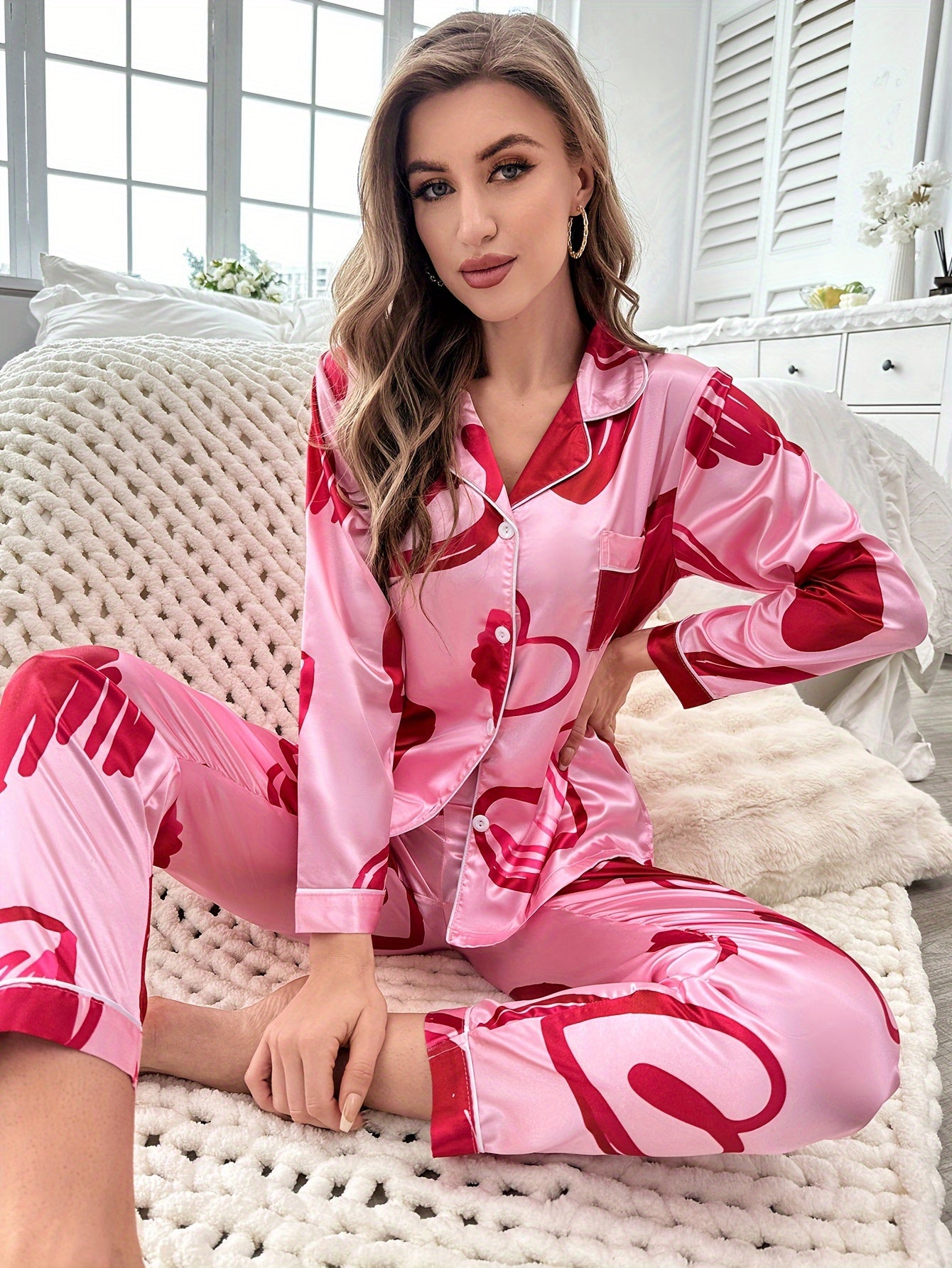 Heart Print Pajama Set Long Sleeve Buttons Top & Elastic Waistband Pants Women's