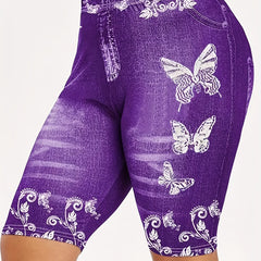 Denim & Butterfly Print Skinny Capris Leggings for Women