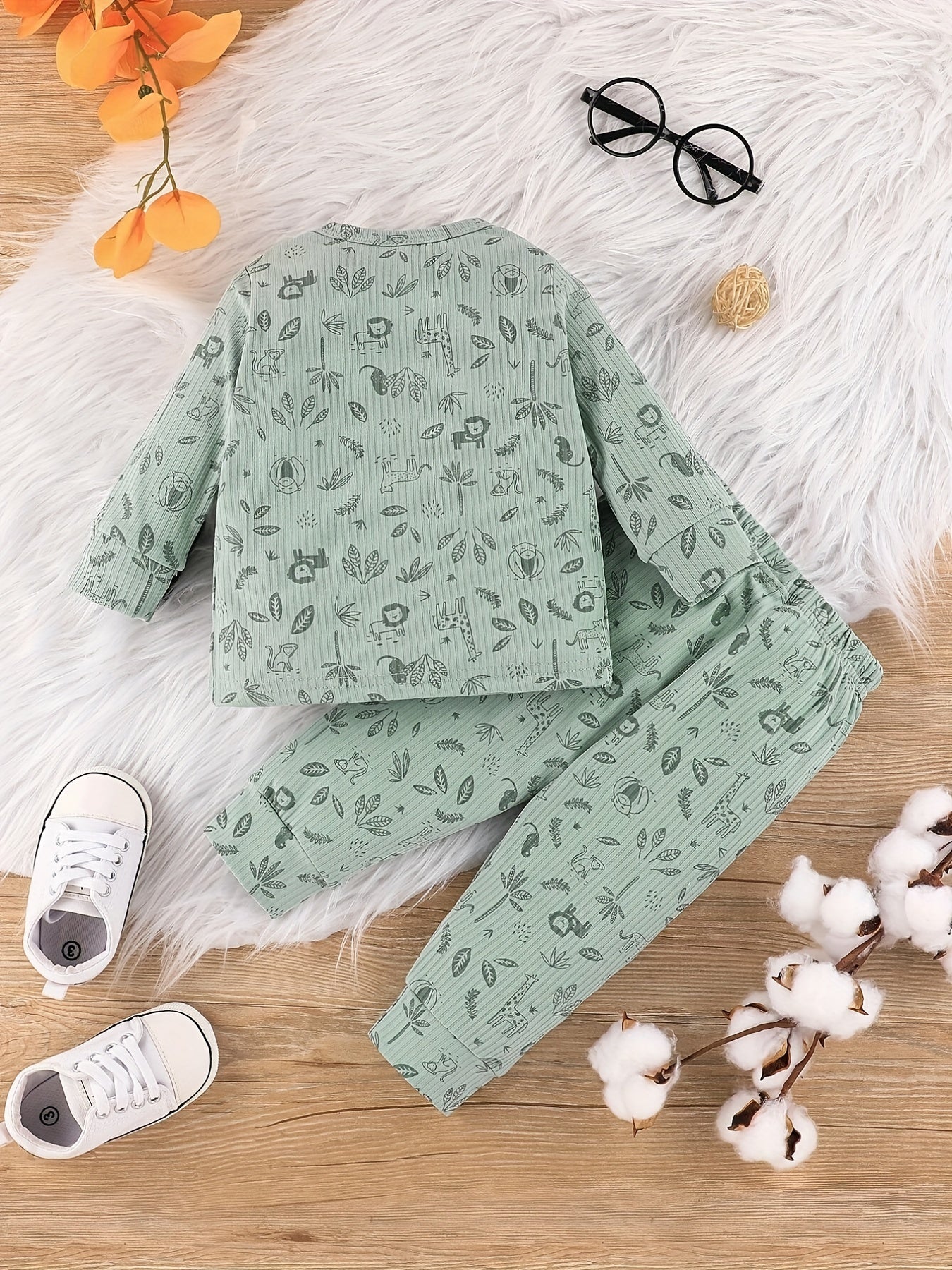 Baby Boys Cartoon Print Top & Trousers 2pcs Round Neck Button Casual Clothes