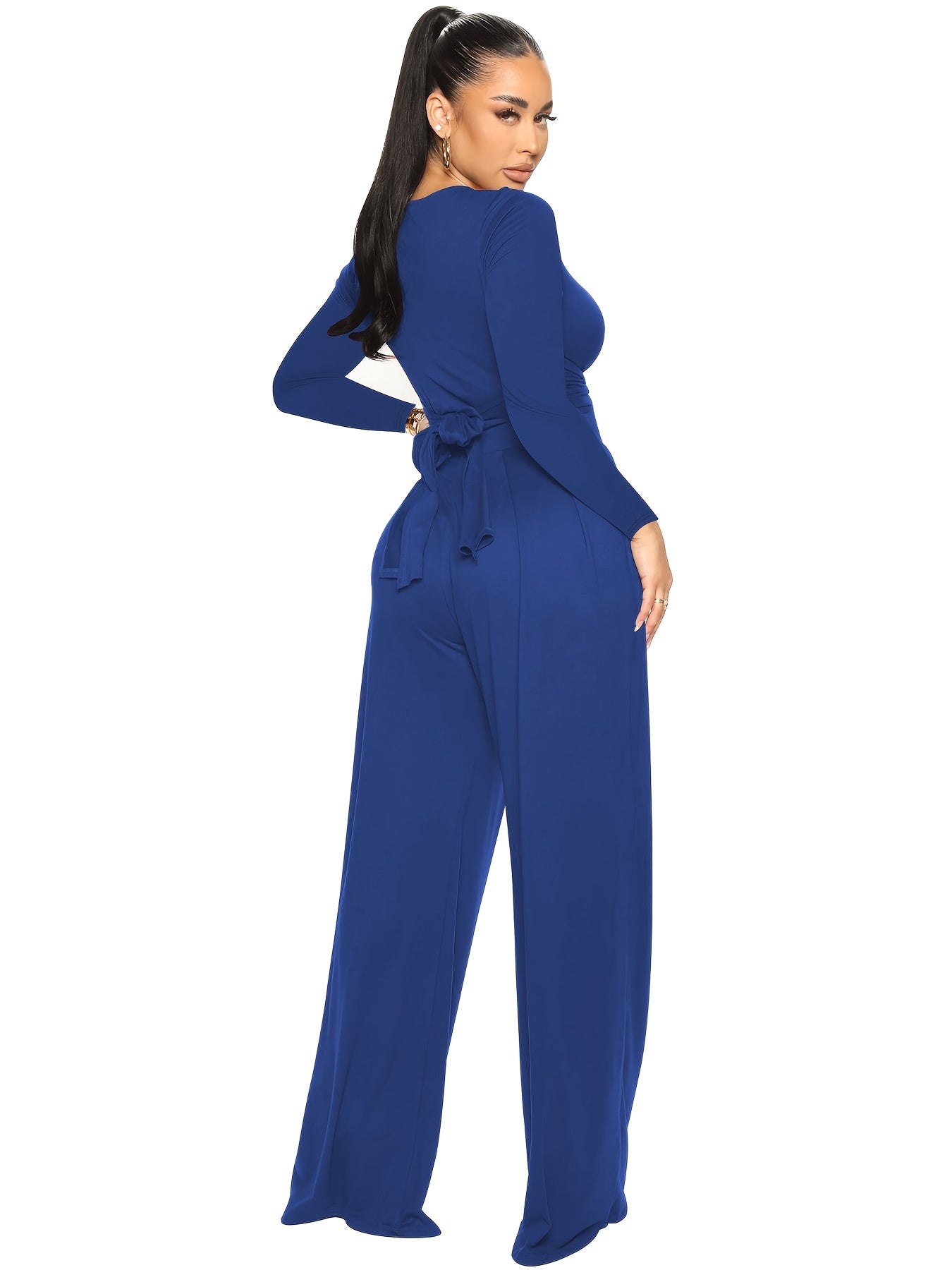 Solid Two Piece Set Crop Top & Wide Leg Pants Outfits Women's Clothing