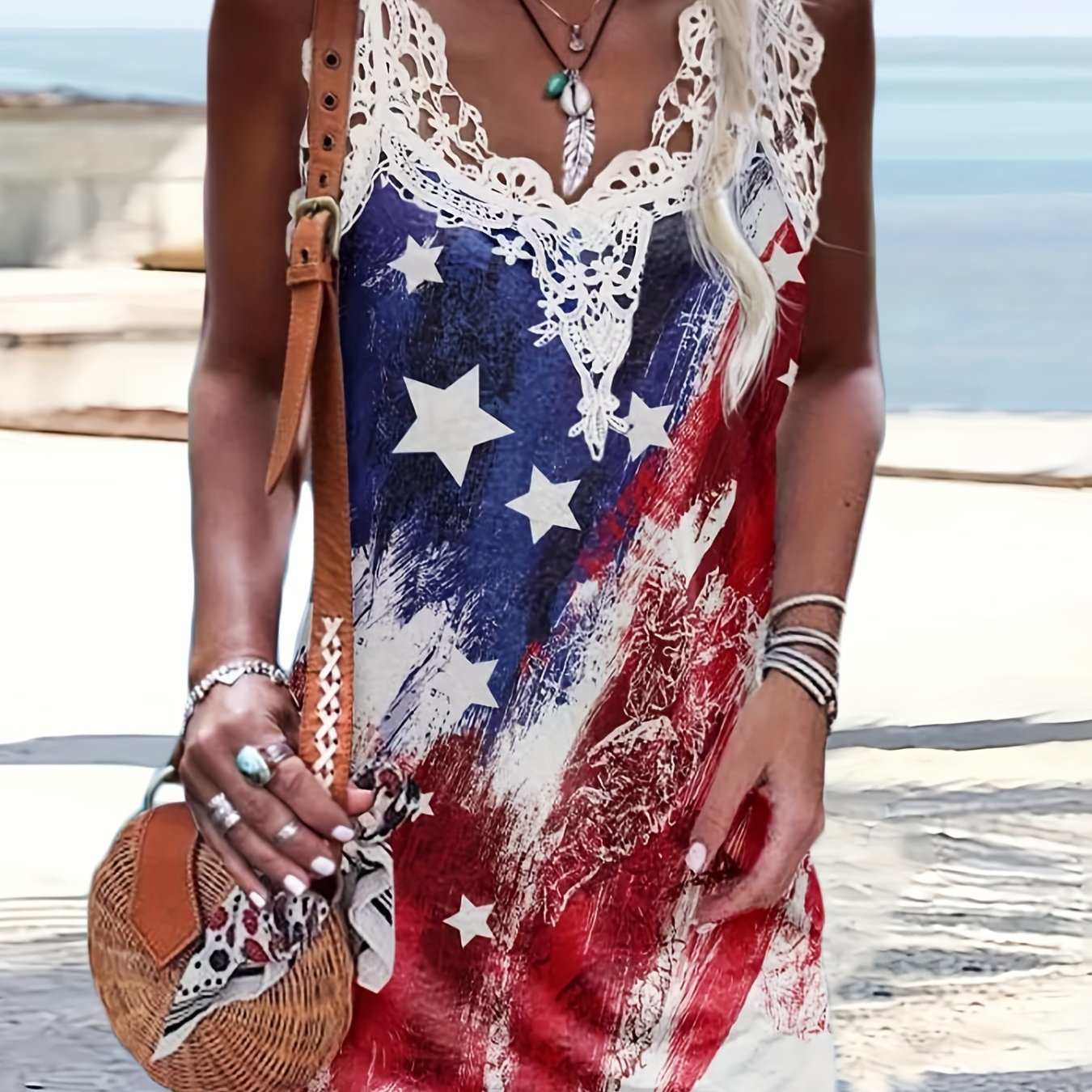 American Flag Print Dress Contrast Lace Sleeveless