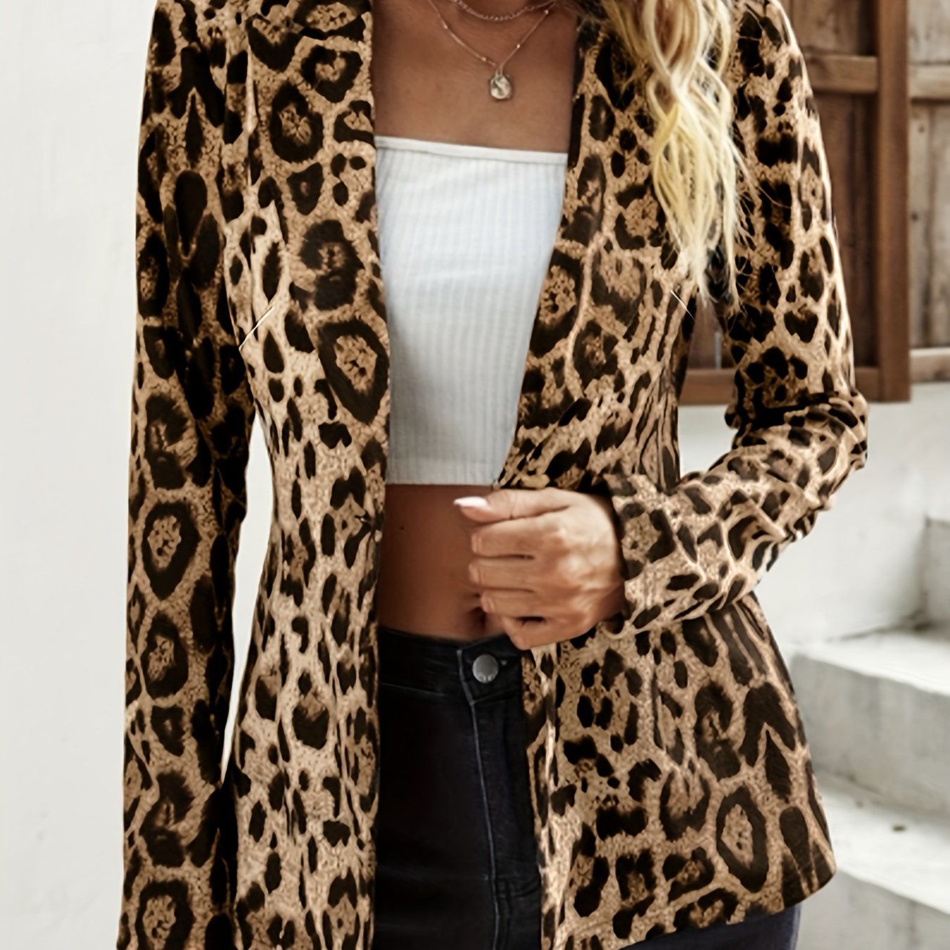 Leopard Print Blazer Long Sleeve Casual Lapel Collar Women's Plus