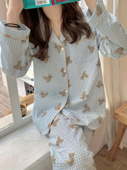Bear Print Lounge Set Long Sleeve Top & Plaid Pants Women's Loungewear