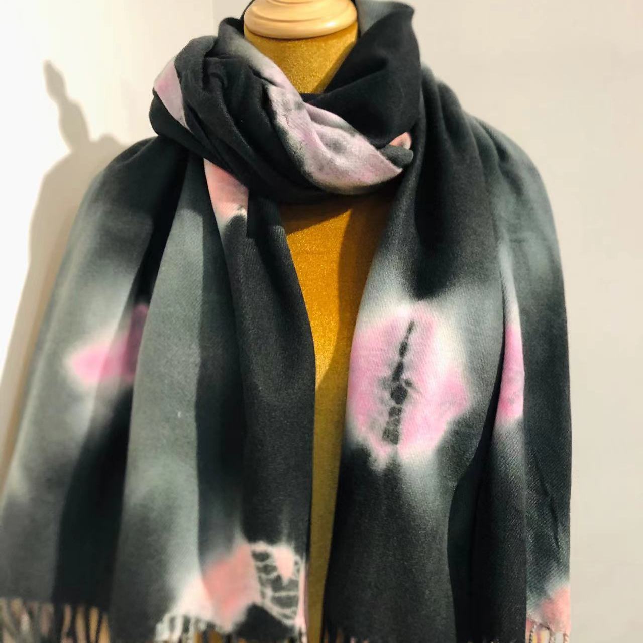Pink Tie Dye Flower Tassel Shawl Cashmere Warm Wrap Windproof