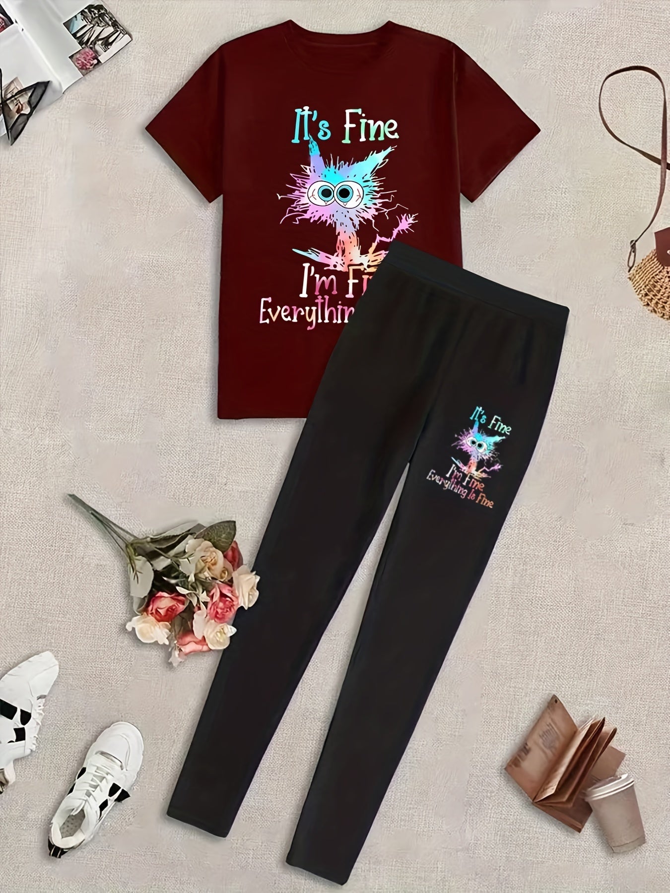 Cat Print Two piece Pants Set Short Sleeve T shirt & Leggings Outfit