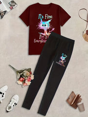 Cat Print Two piece Pants Set Short Sleeve T shirt & Leggings Outfit