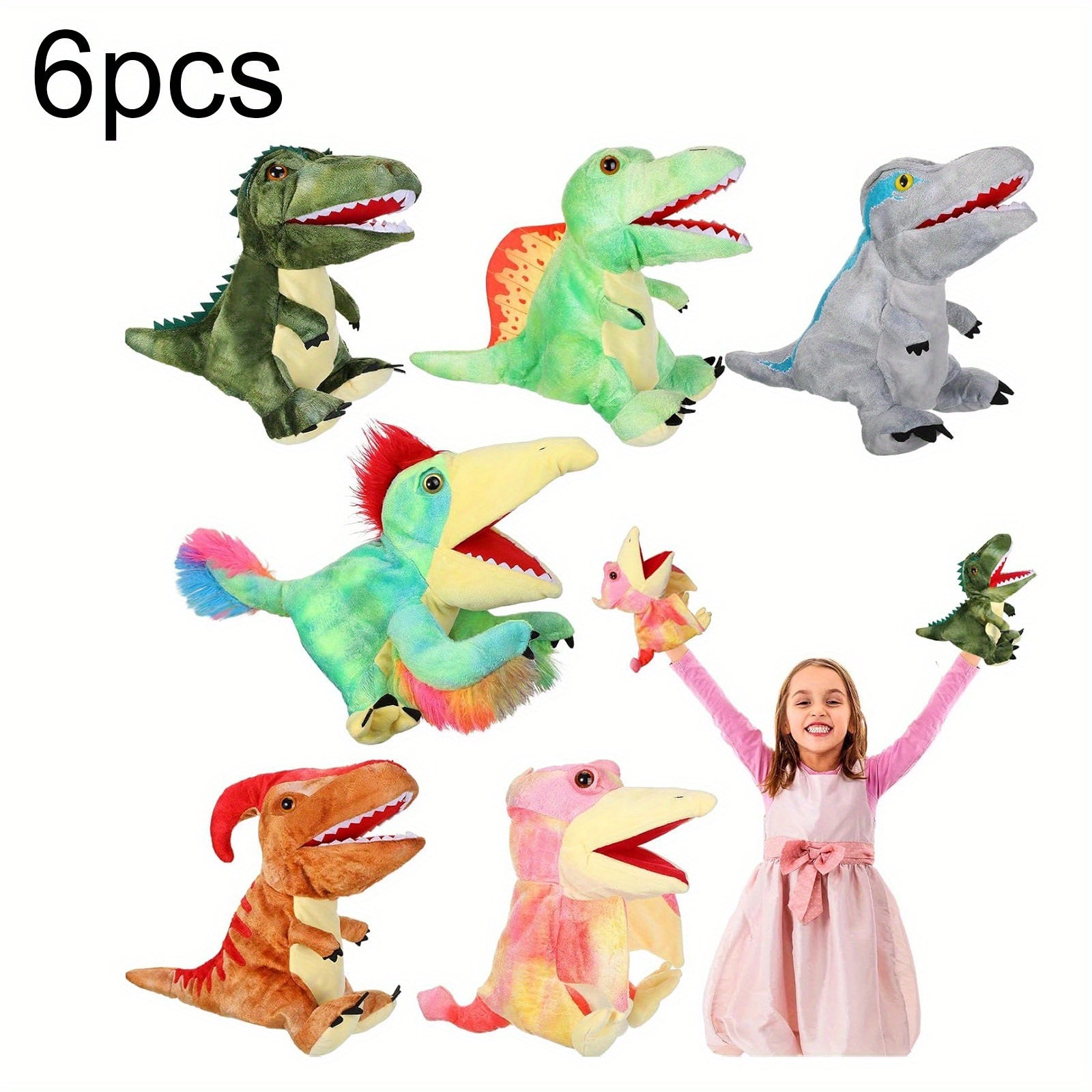 6pcs Dinosaur Hand Puppets Realistic Plush Dino Puppet Set for Kids