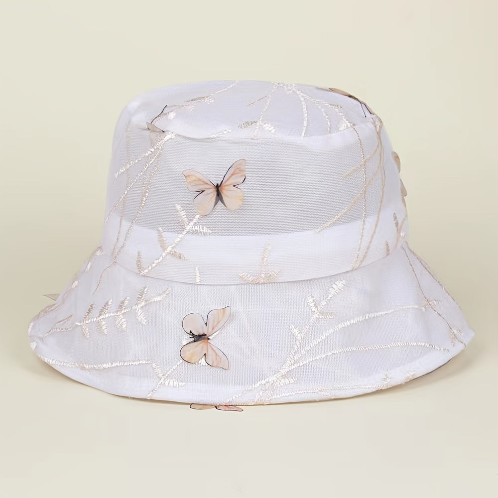 Lace Breathable Bucket Hat with Butterfly Embroidery