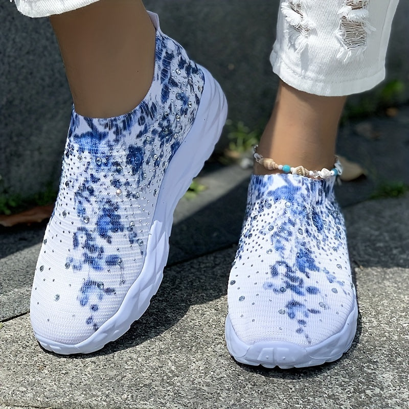 Floral Print Sock Sneakers Rhinestone Slip On Low Top Shoes