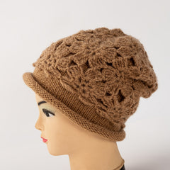 Women's Crochet Beanie Hat Warm Pullover Hat Soft Flower Double Layer Knitted