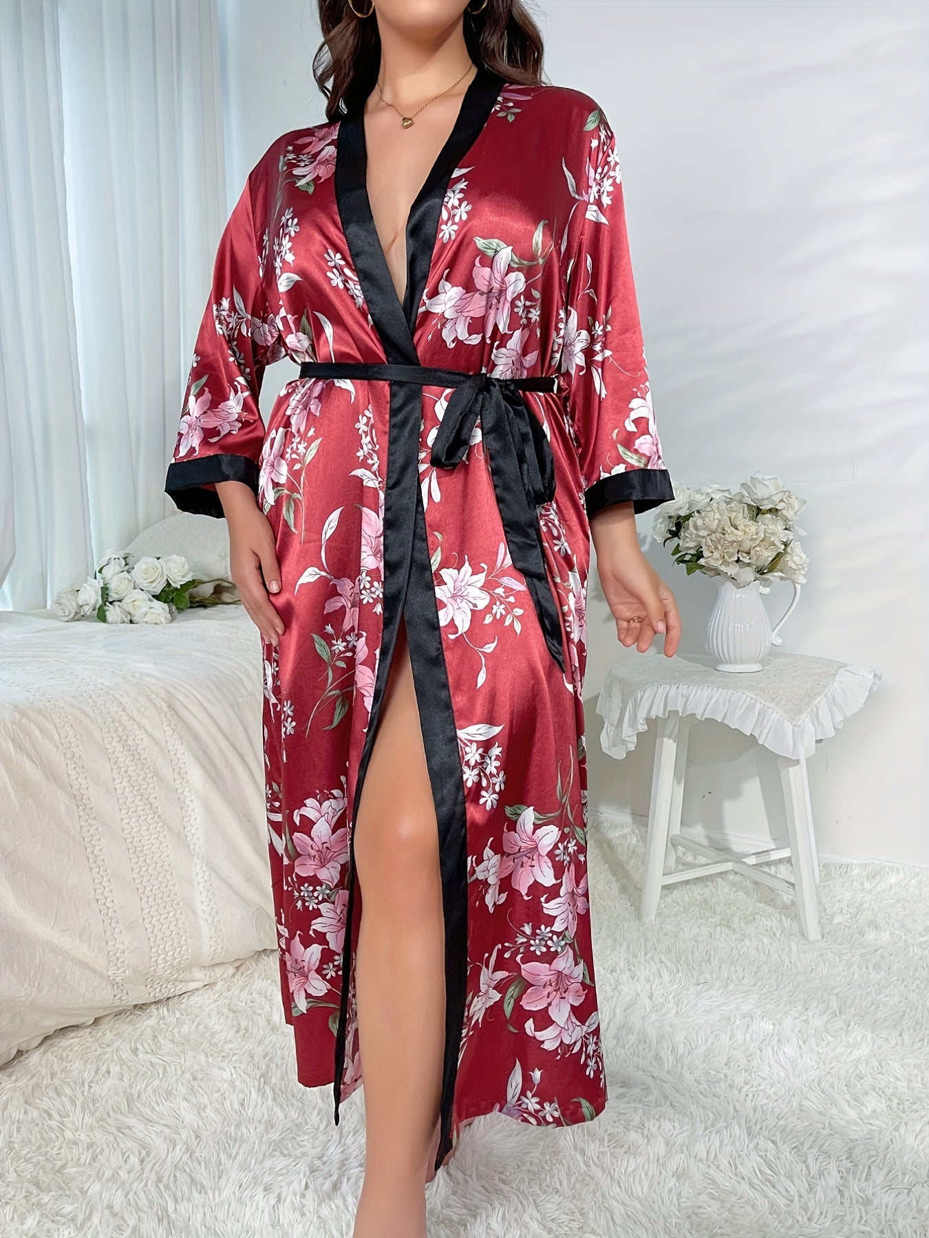 Satin Floral Print Robe Long Sleeve Belted Nightgown