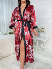 Satin Floral Print Robe Long Sleeve Belted Nightgown