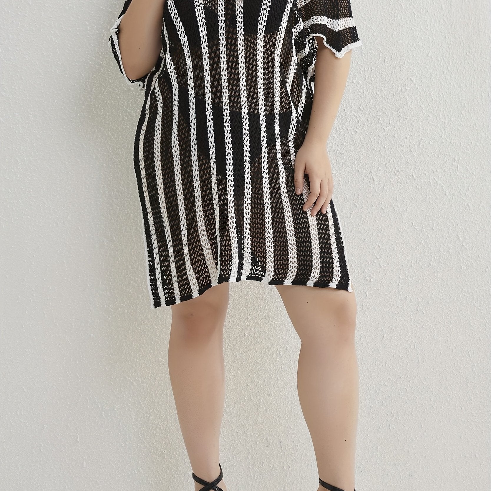 Women's Plus Size Striped Bat Sleeve V Neck Cover Up Dress