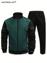 Men's Striped Sports Suit Stand Collar Jacket & Stretch Pants