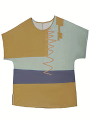 Colorblock Geometric Print Round Neck Blouse