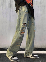 Men's Loose Fit Ripped Jeans, Street Style Distressed Denim Pants