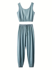 Solid Crop Tank Top & Tie Front Joggers Set