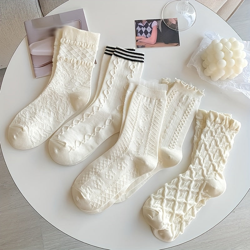 5 Pairs 3D Textured Sweet & Ruffle Women's Stockings