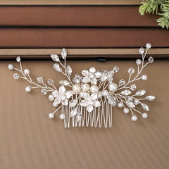 Silvery Flower Hair Comb Faux Pearl Rhinestone Bride Wedding Accessories