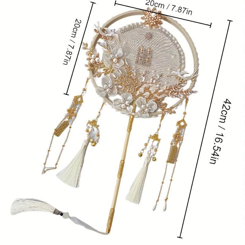 Chinese Wedding Golden Red Fan with Faux Pearl Flower Pendant