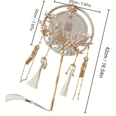 Chinese Wedding Golden Red Fan with Faux Pearl Flower Pendant
