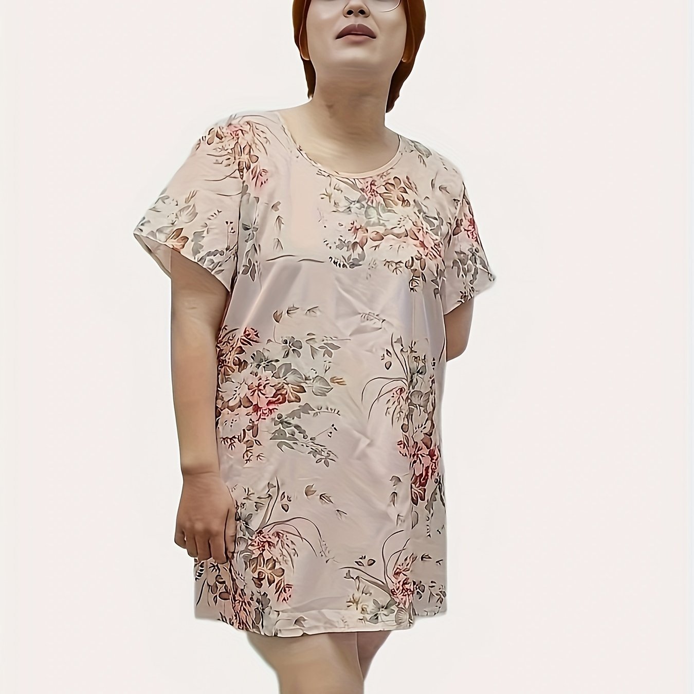 Floral Print Plus Size Loungewear Dress with Short Sleeve Tee Nightdress