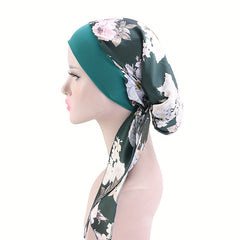 Dark Green Flower Print Turban Cap Satin Elastic Headband