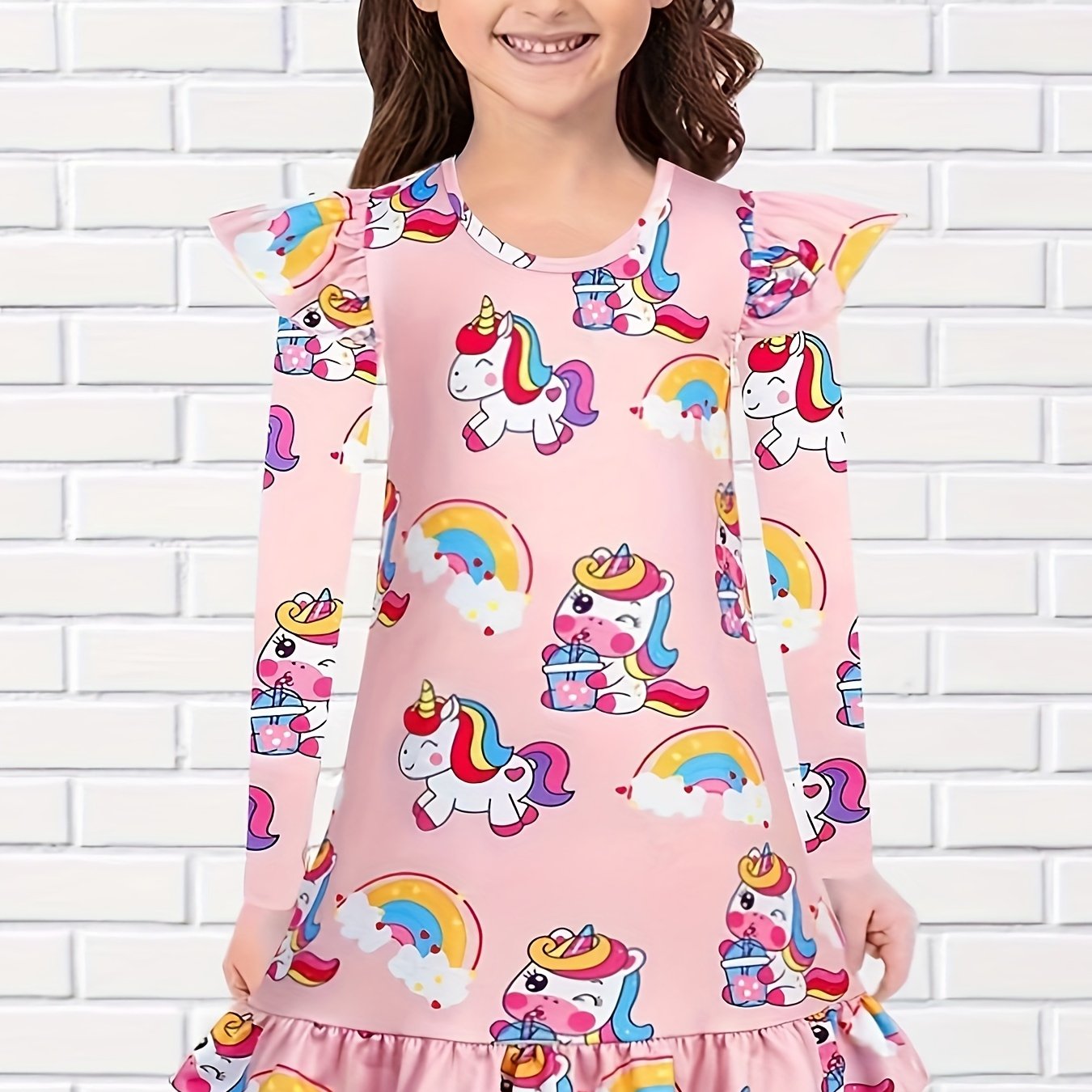 Girls Unicorn Print Flutter Trim Dress Spring Fall Christmas Gift