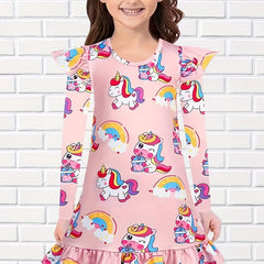 Girls Unicorn Print Flutter Trim Dress Spring Fall Christmas Gift