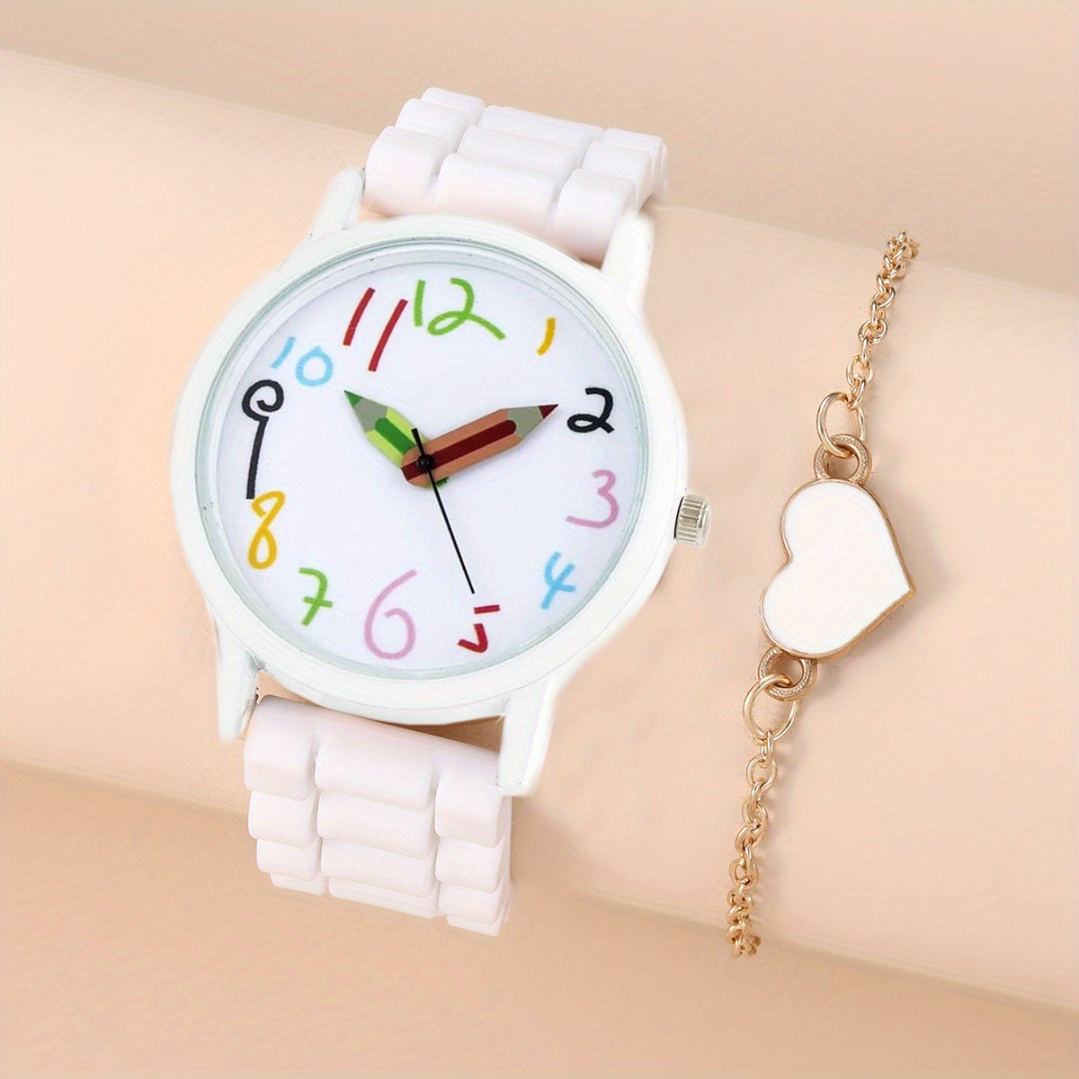 PVC Girls Strip Round Wrist Watch & Heart Bangle Set
