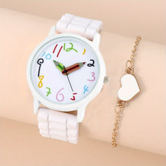 PVC Girls Strip Round Wrist Watch & Heart Bangle Set