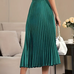 Maxi Pleated Skirt Elastic High Rise Solid Color