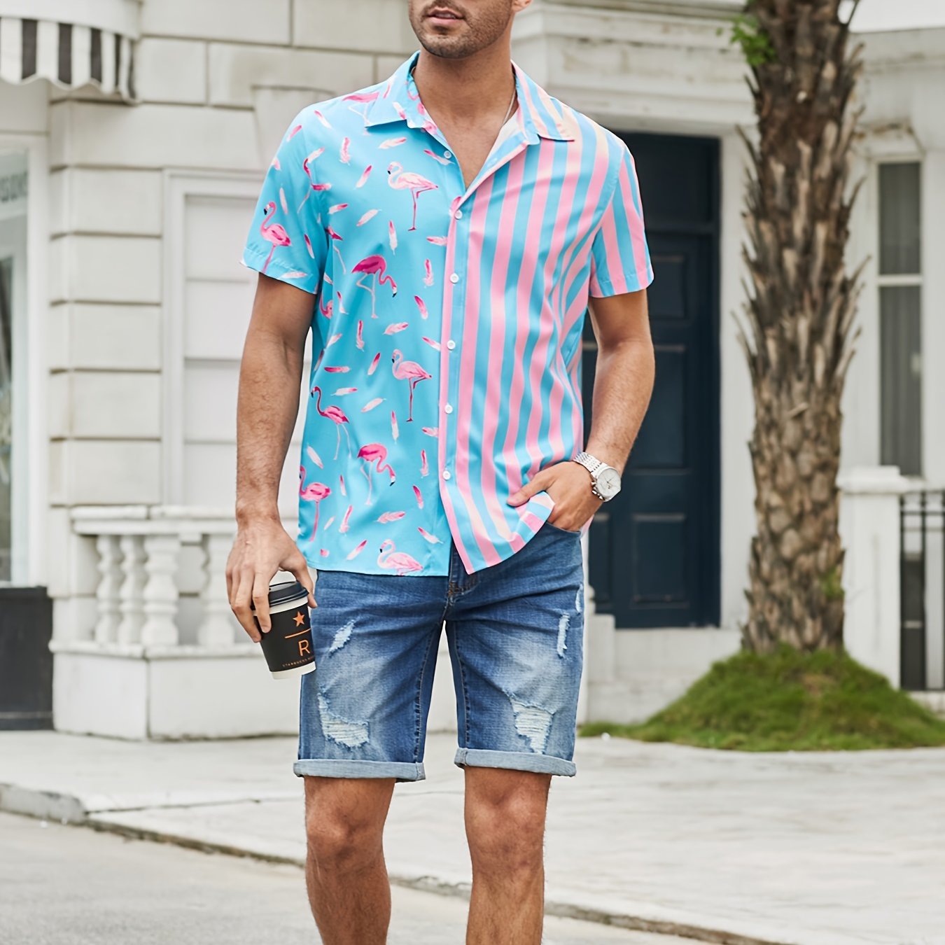 Flamingo Stripe High Stretch Short Sleeve Hawaiian Shirt