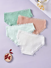 4pcs Lace Trim Ribbed Briefs Stretchy Intimates Panties
