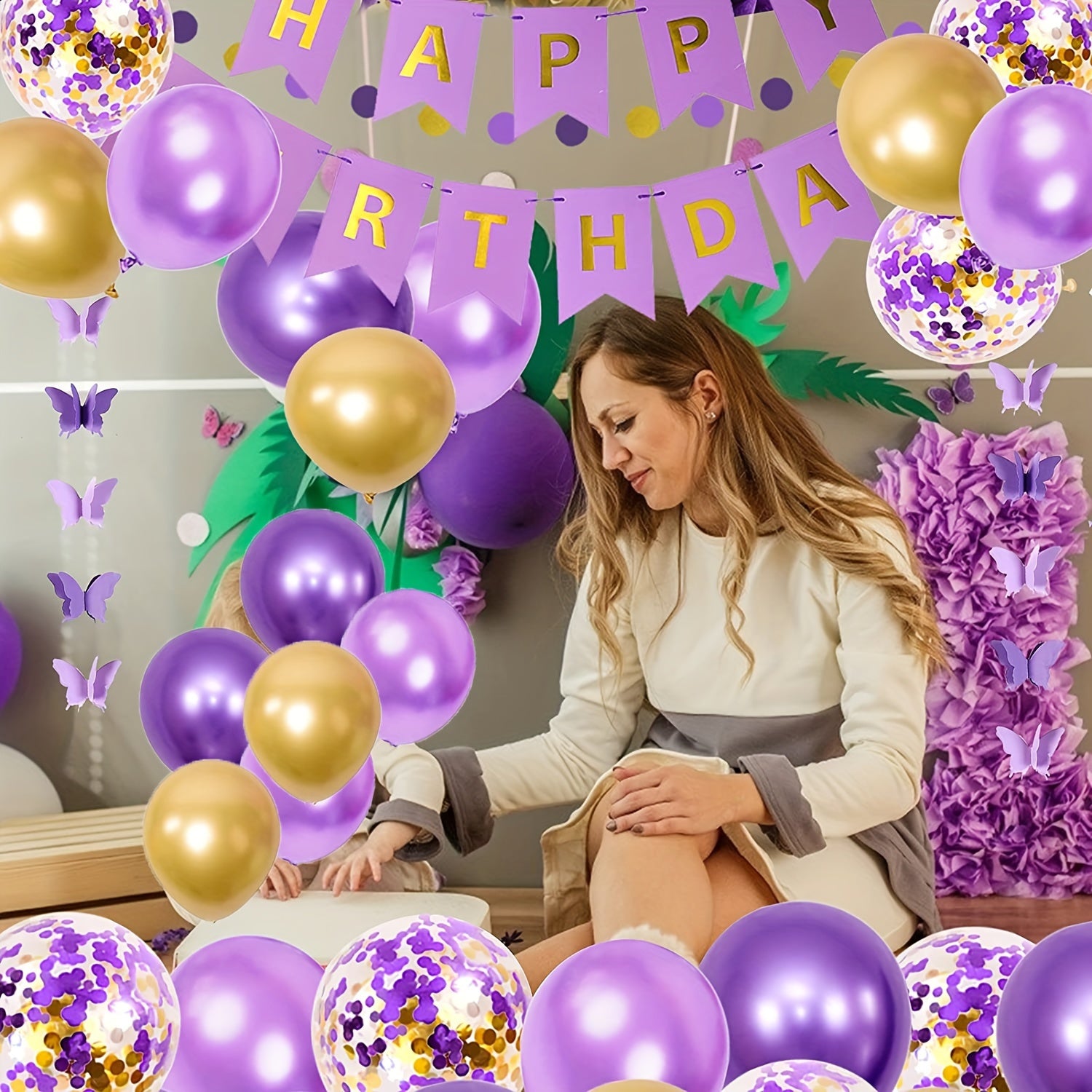 Purple Birthday Decorations Butterfly Garland Balloons Flowers Cake Toppers